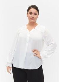 Bluse med lange ermer og knappelukking, Bright White, Model