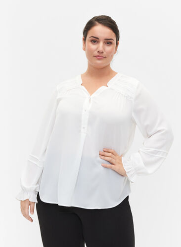 Bluse med lange ermer og knappelukking, Bright White, Model image number 0