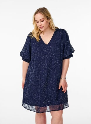 Zizzi Kort festkjole med paljetter, Blå, Model image number 0