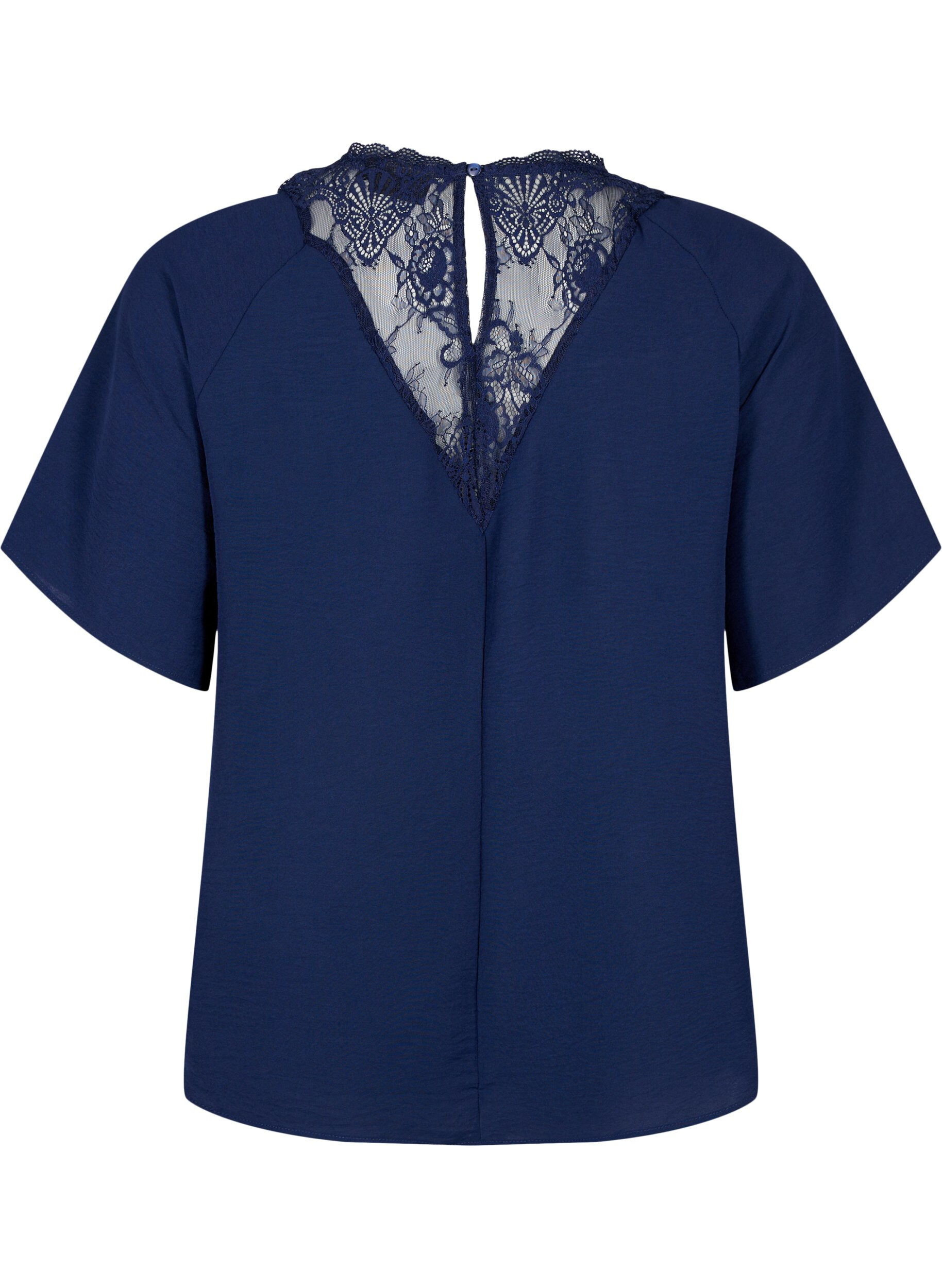 Zizzi Bluse med korte ermer og blonder , Navy Blazer, Packshot image number 1