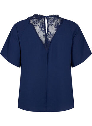 Bluse med korte ermer og blonder , Navy Blazer, Packshot image number 1
