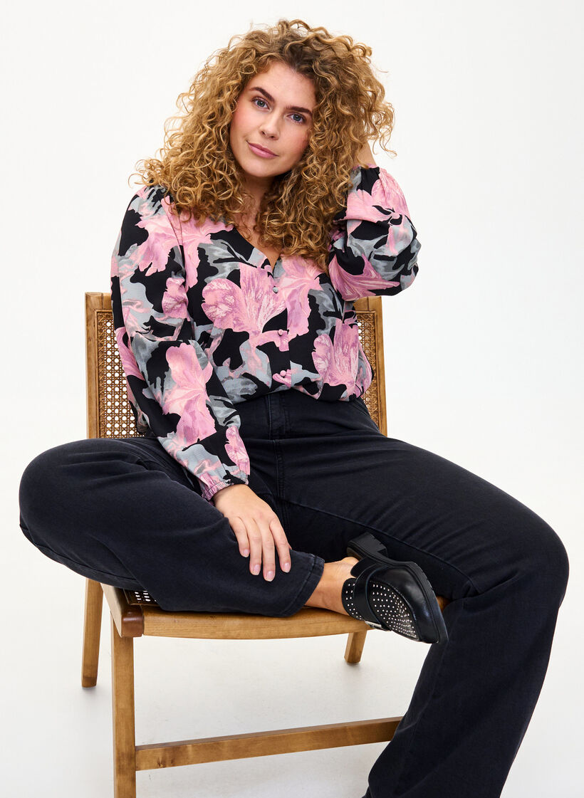 Skjortebluse med v-hals og trykk, Black Pale Mauve Fl., Image image number 0