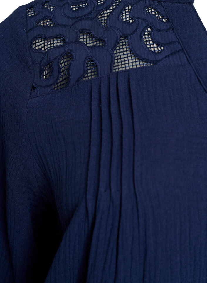 Bluse i bomullsmusselin med broderte detaljer, Bl&aring;, Packshot image number 3