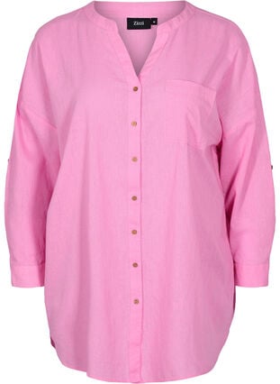 Bluse med 3/4-ermer og knappelukking, Begonia Pink, Packshot image number 0