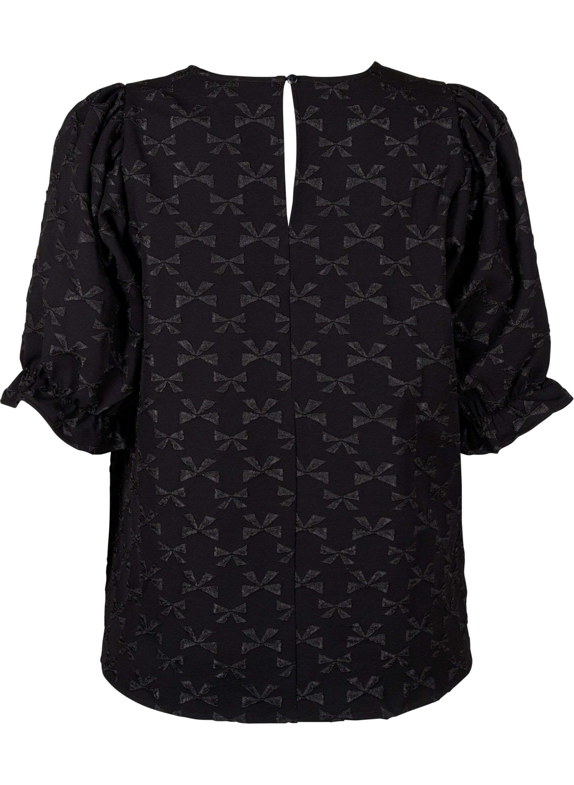 Zizzi Kortermet jacquard-bluse med sl&oslash;yfer, Black W. Bow, Packshot image number 1