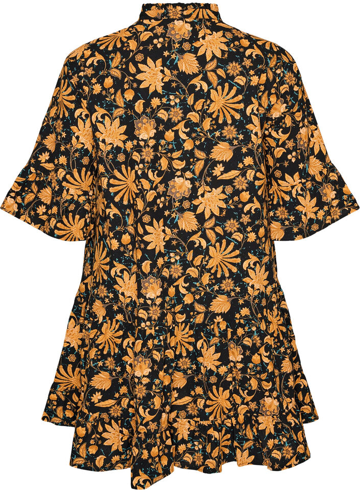 Blomstrete bomullskjole med volangdetaljer og en loose A-linjeform, Orange, Packshot image number 1