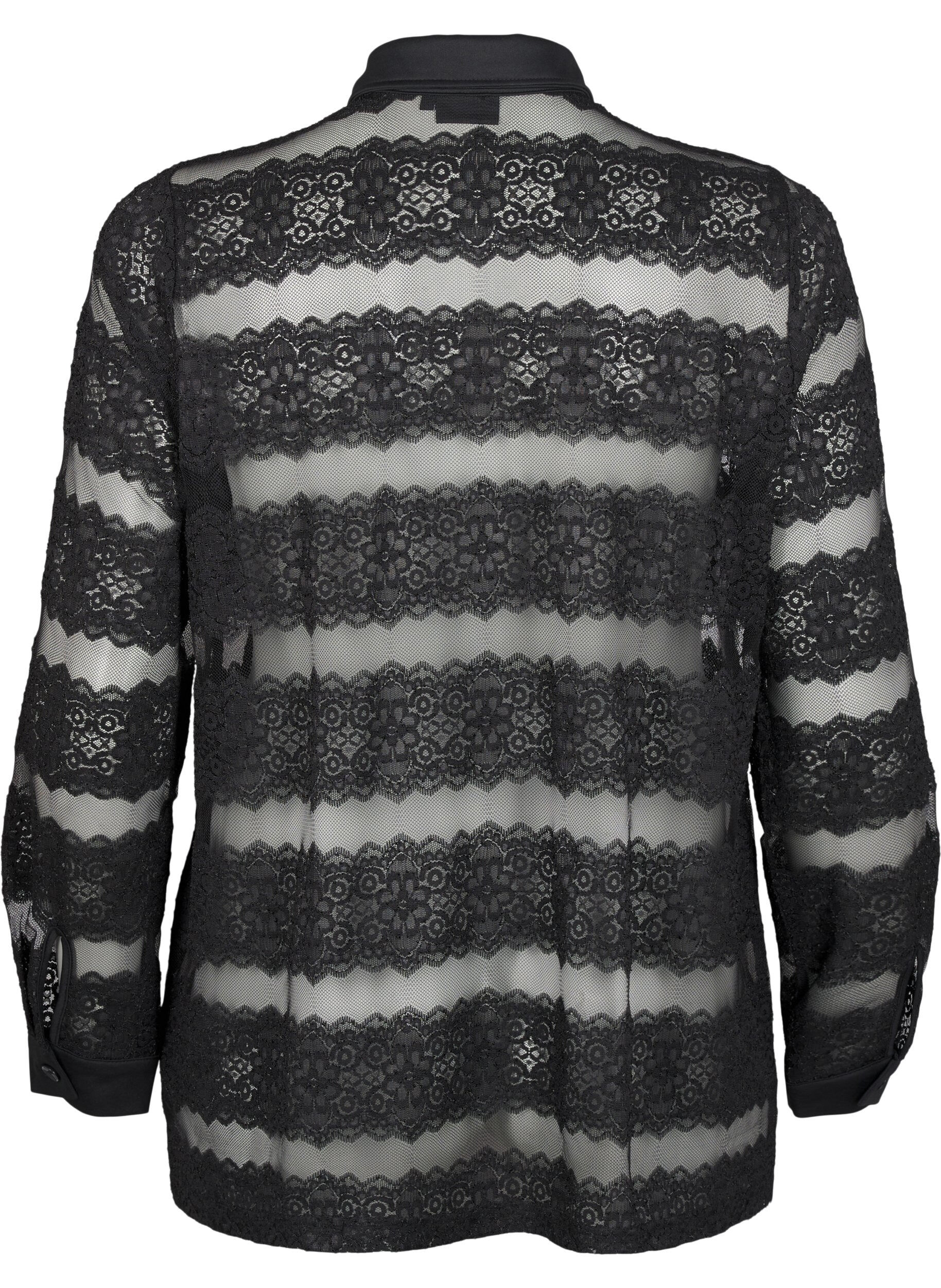 Zizzi L&oslash;s skjorte med blonder og gjennomsiktig mesh, Black, Packshot image number 1