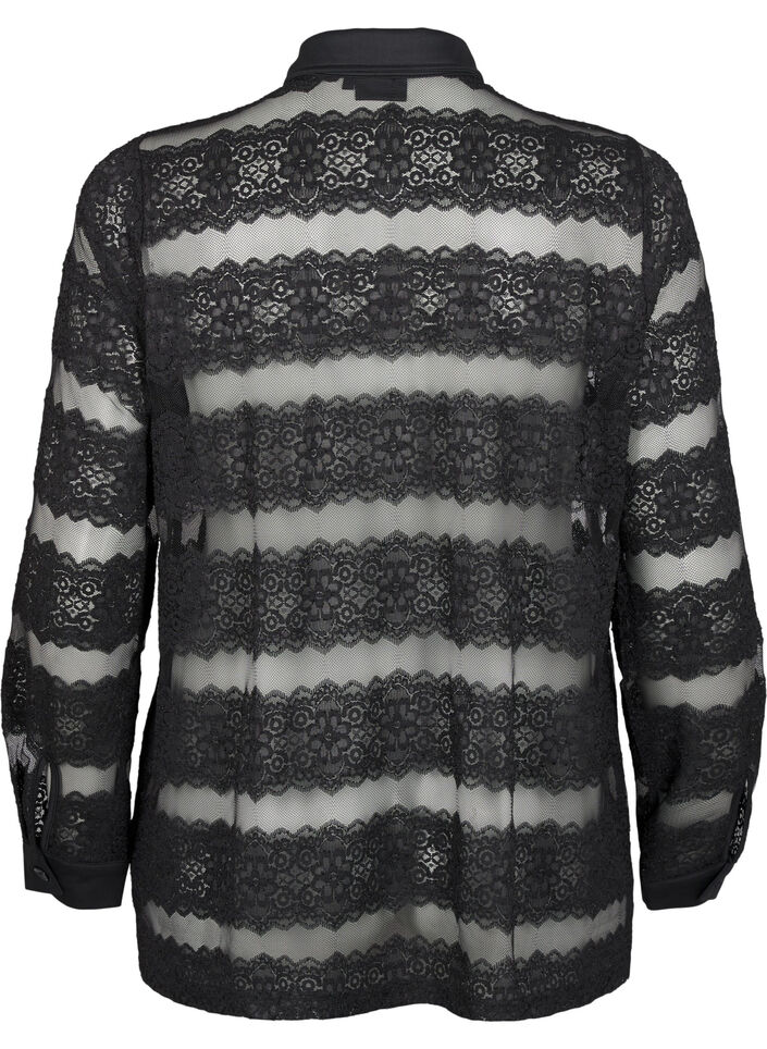 Løs skjorte med blonder og gjennomsiktig mesh, Black, Packshot image number 1