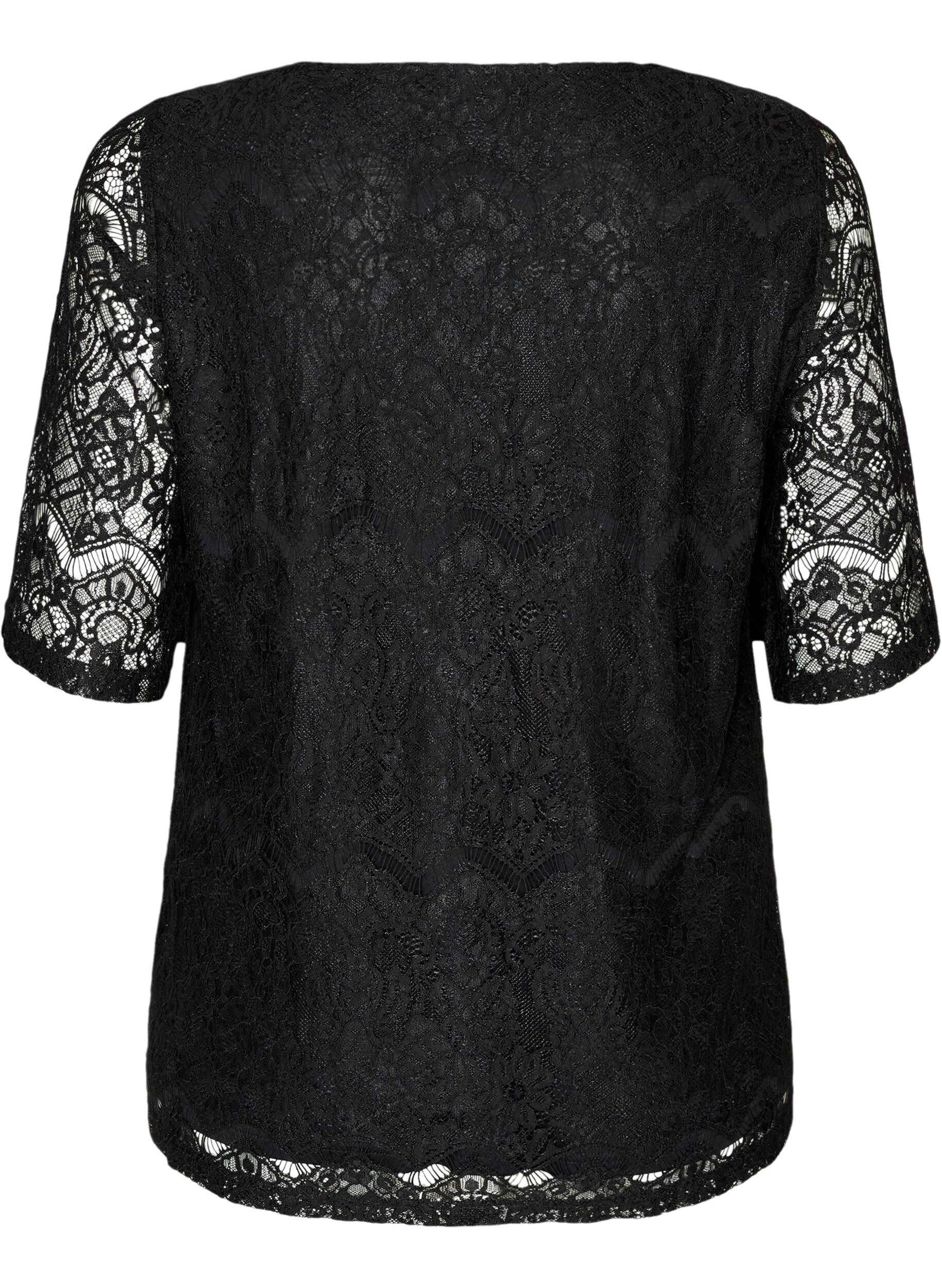 ZizziBluse med blonder og dekorative knapper, Svart, Packshot image number 1