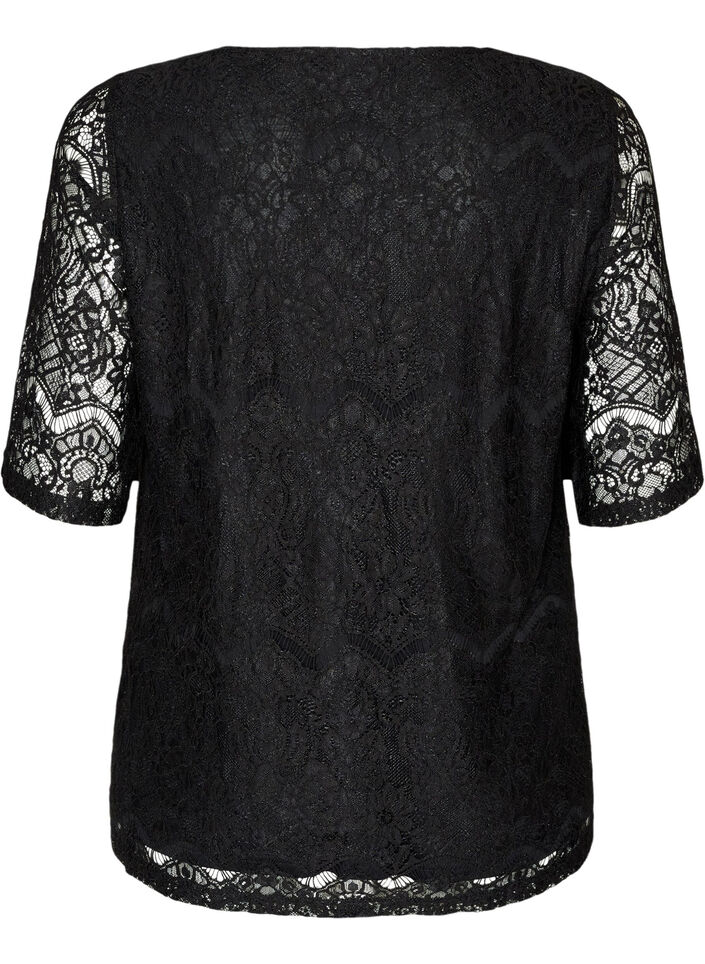 Bluse med blonder og dekorative knapper, Svart, Packshot image number 1