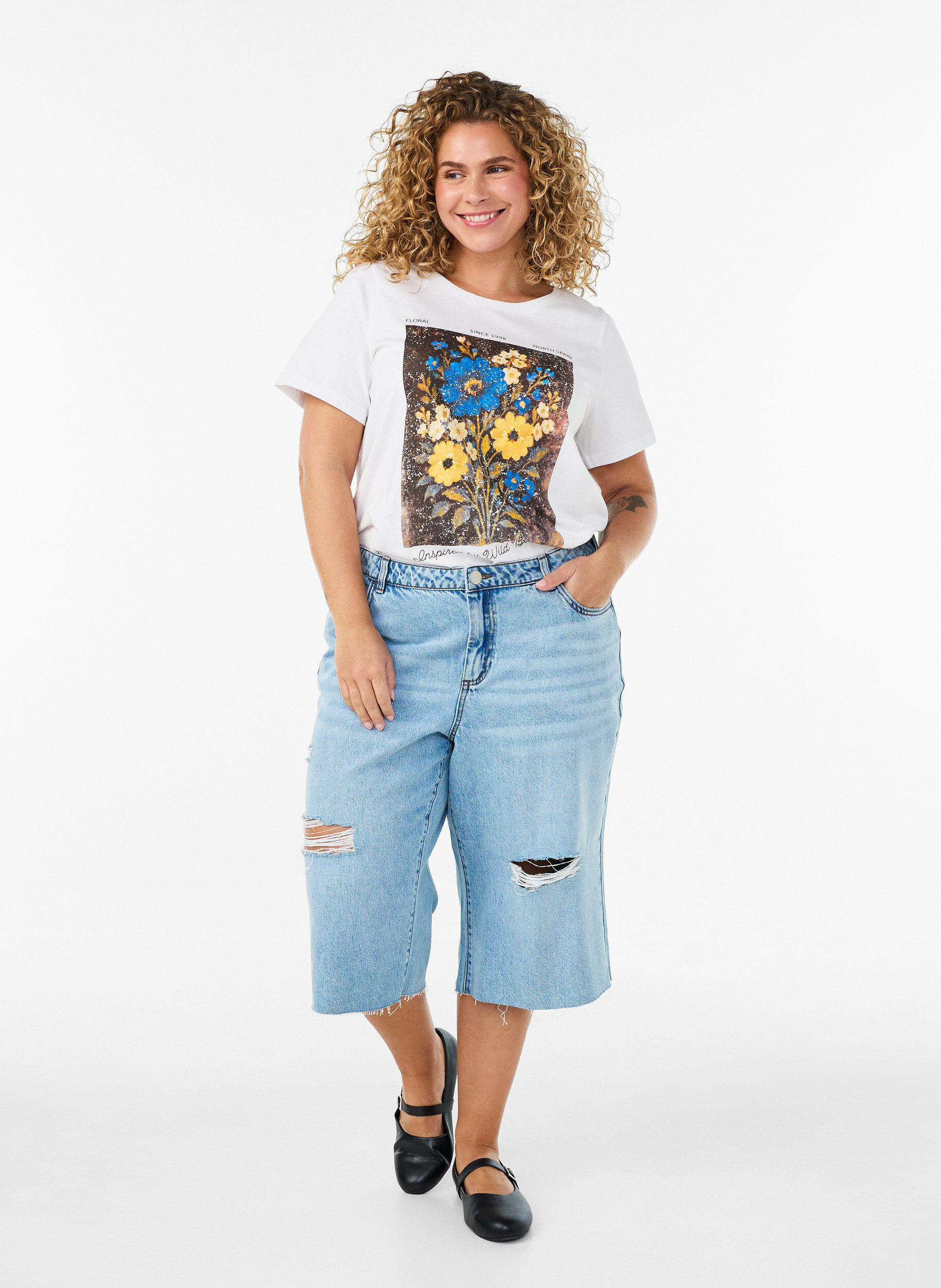 ZizziBomulls T-skjorte med trykk foran, Hvit, Model image number 1