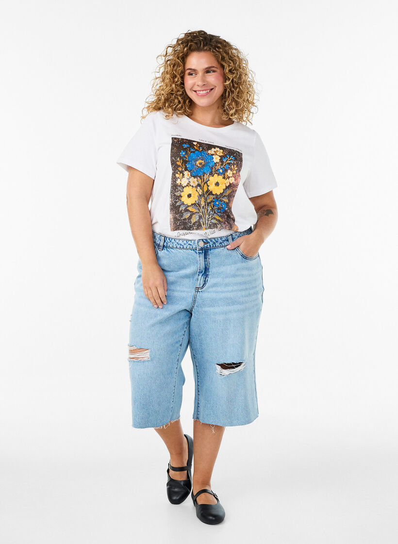 Bomulls T-skjorte med trykk foran, Hvit, Model image number 1