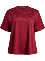 T-skjorte med rhinesteiner og rund hals, Mørk Bordeaux