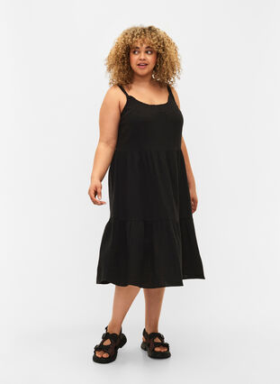 Ensfarget kjole i bomull med stropper, Black, Model image number 2
