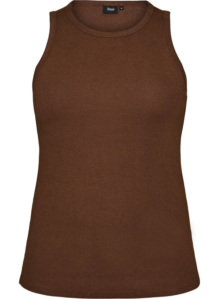 Ribbet topp i bomull med h&oslash;y hals, Brun, Packshot image number 0