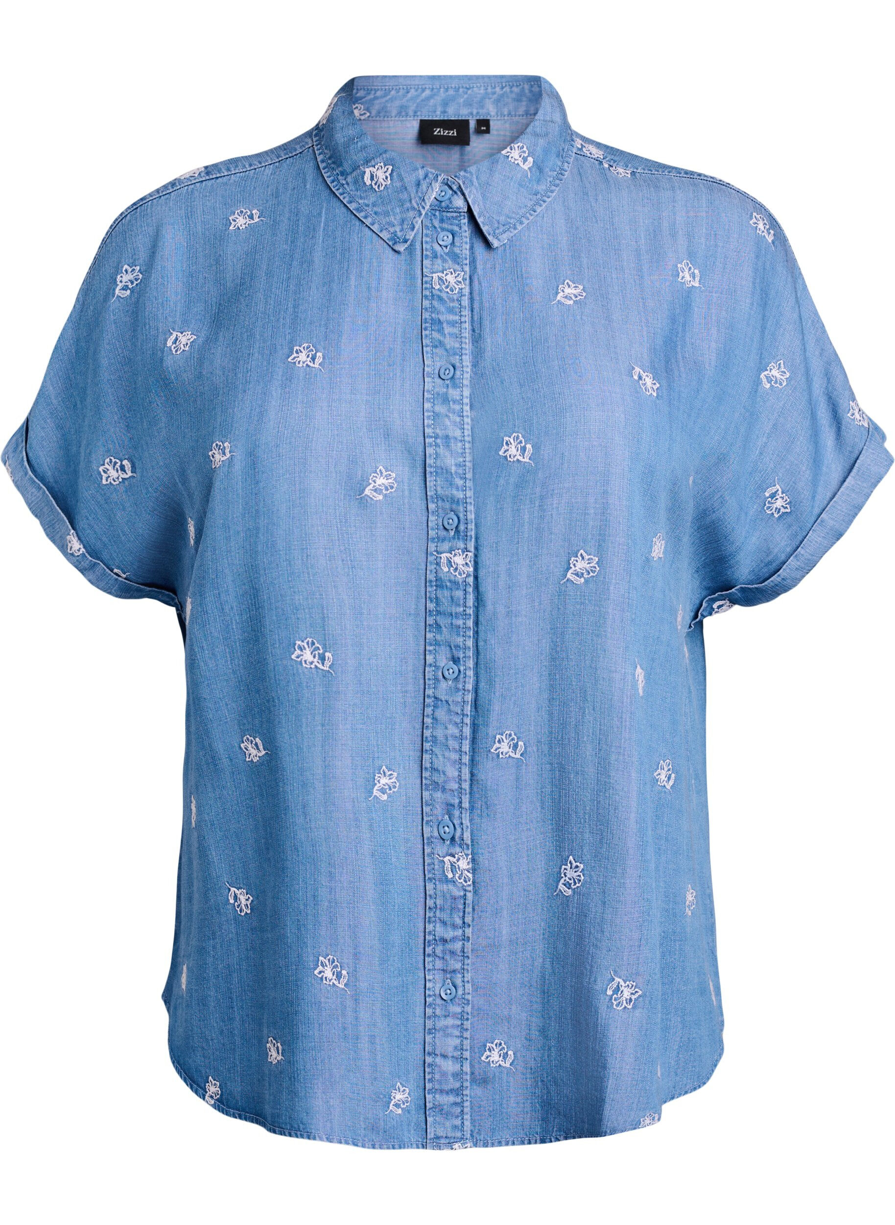 ZizziLyocell-skjorte i denim-look med blomsterbroderi, Bl&aring;, Packshot image number 0