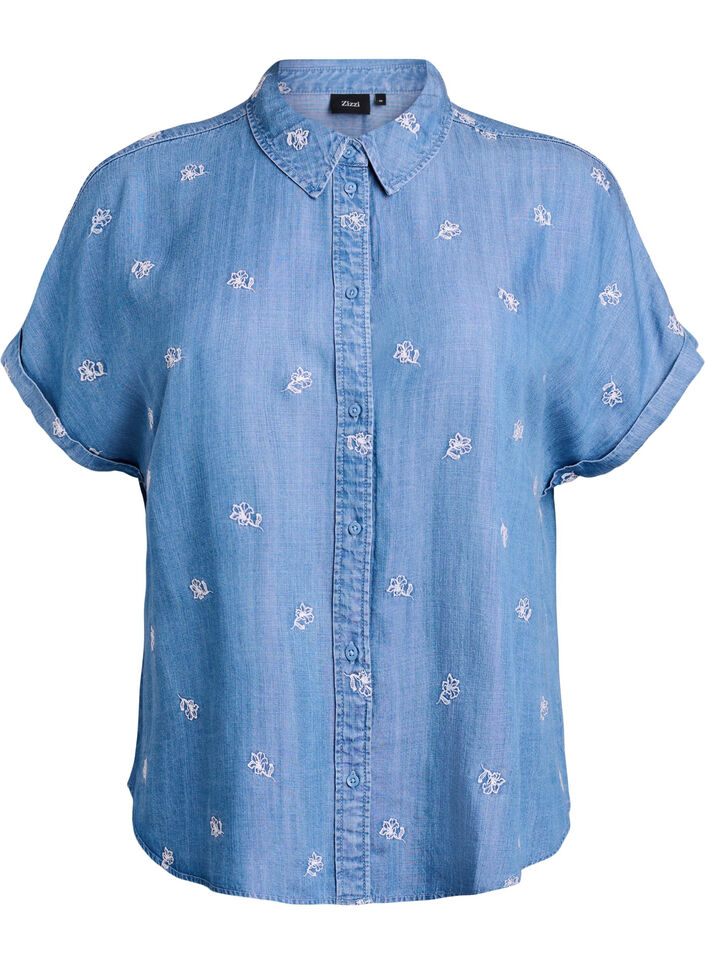 Lyocell-skjorte i denim-look med blomsterbroderi, Bl&aring;, Packshot image number 0
