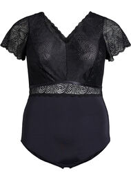 Body med blonder og korte ermer, Black