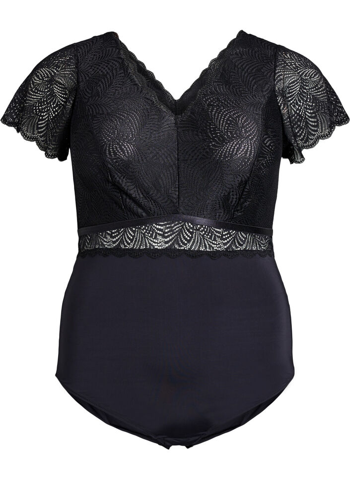 Body med blonder og korte ermer, Svart, Packshot image number 0