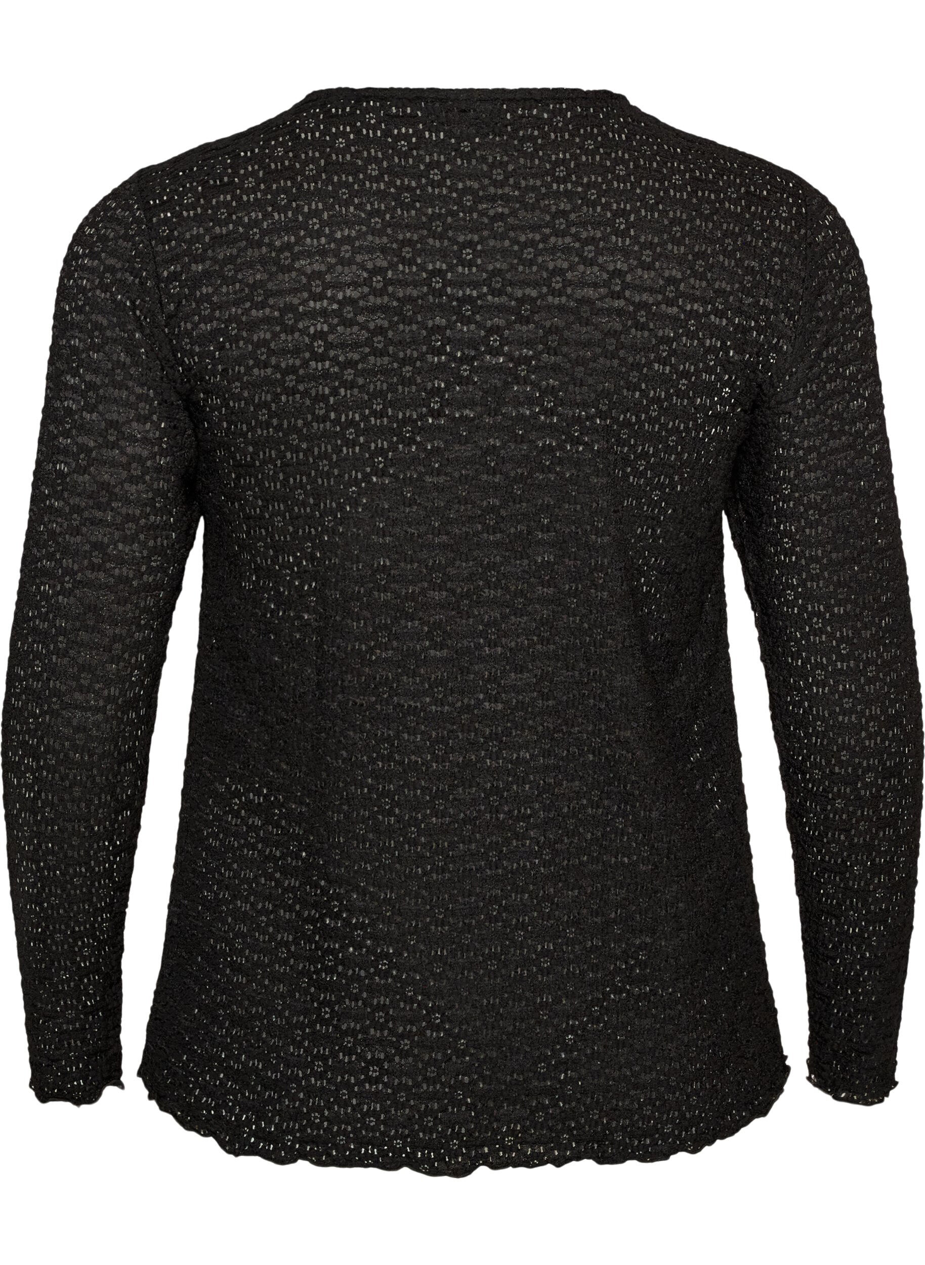 ZizziBluse med hullm&oslash;nster og lange ermer, Svart, Packshot image number 1