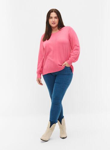 Ensfarget strikkegenser med ribbedetaljer, Hot Pink Mel., Model image number 3
