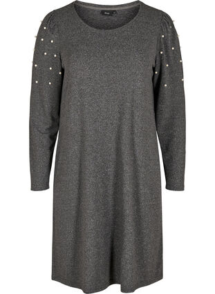 Kjole med lange puffermer og perler, Dark Grey Melange, Packshot image number 0