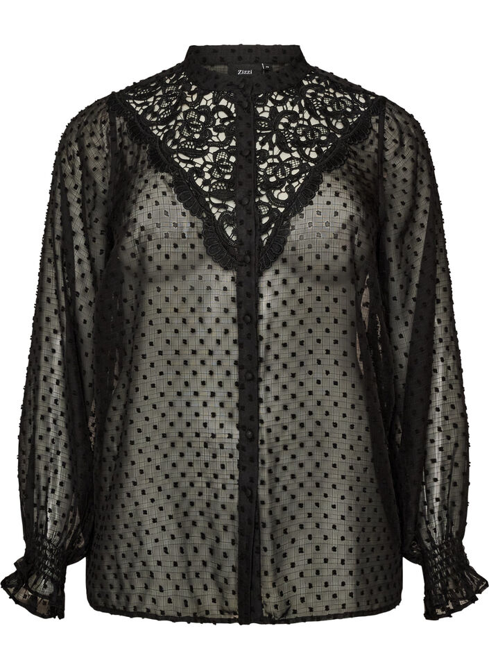 Skjortebluse med blondeinnlegg og prikkem&oslash;nster, Svart, Packshot image number 0