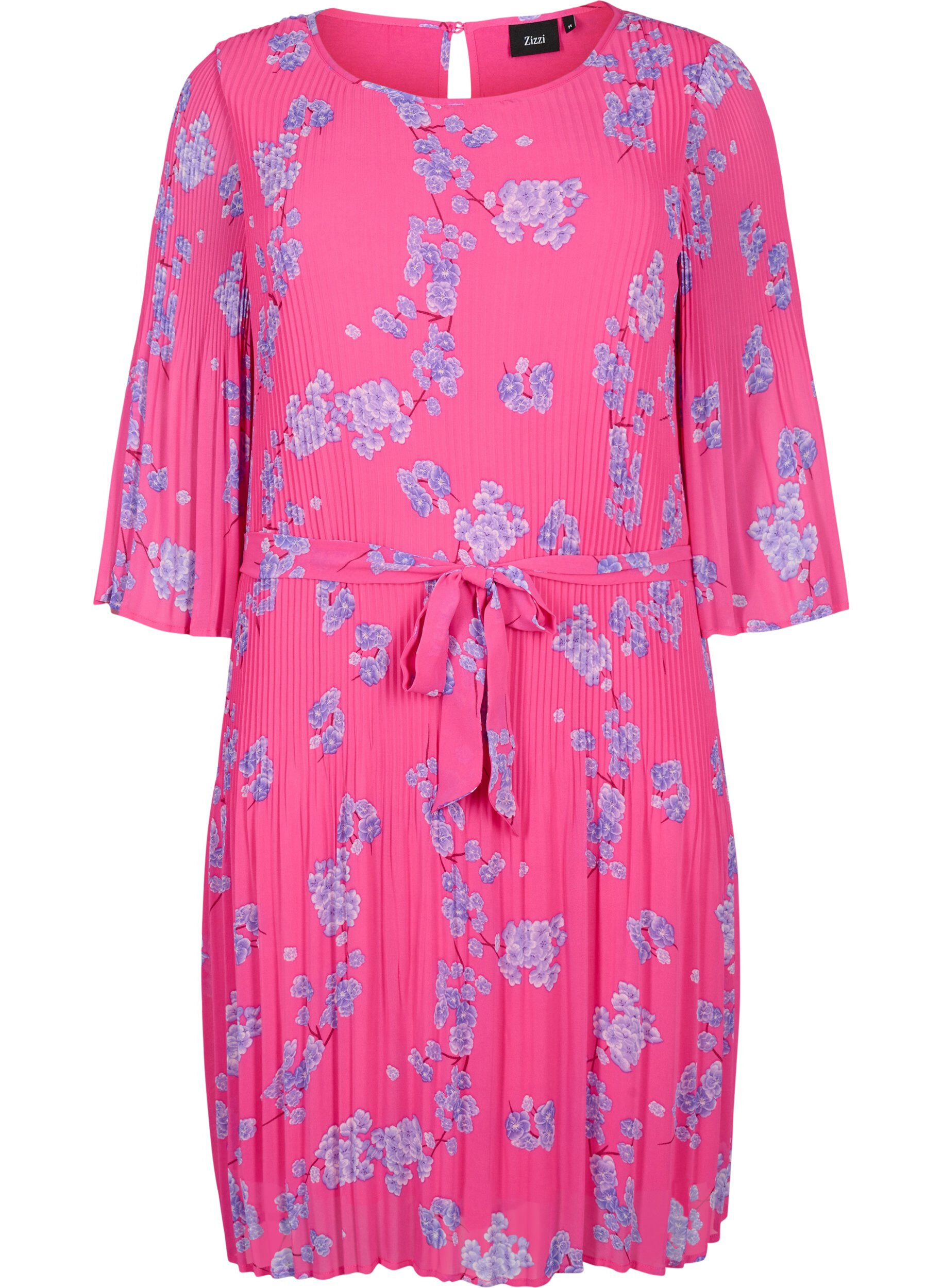 Zizzi M&oslash;nstrete pliss&eacute;kjole med knyting, Beetroot Purple AOP, Packshot image number 0