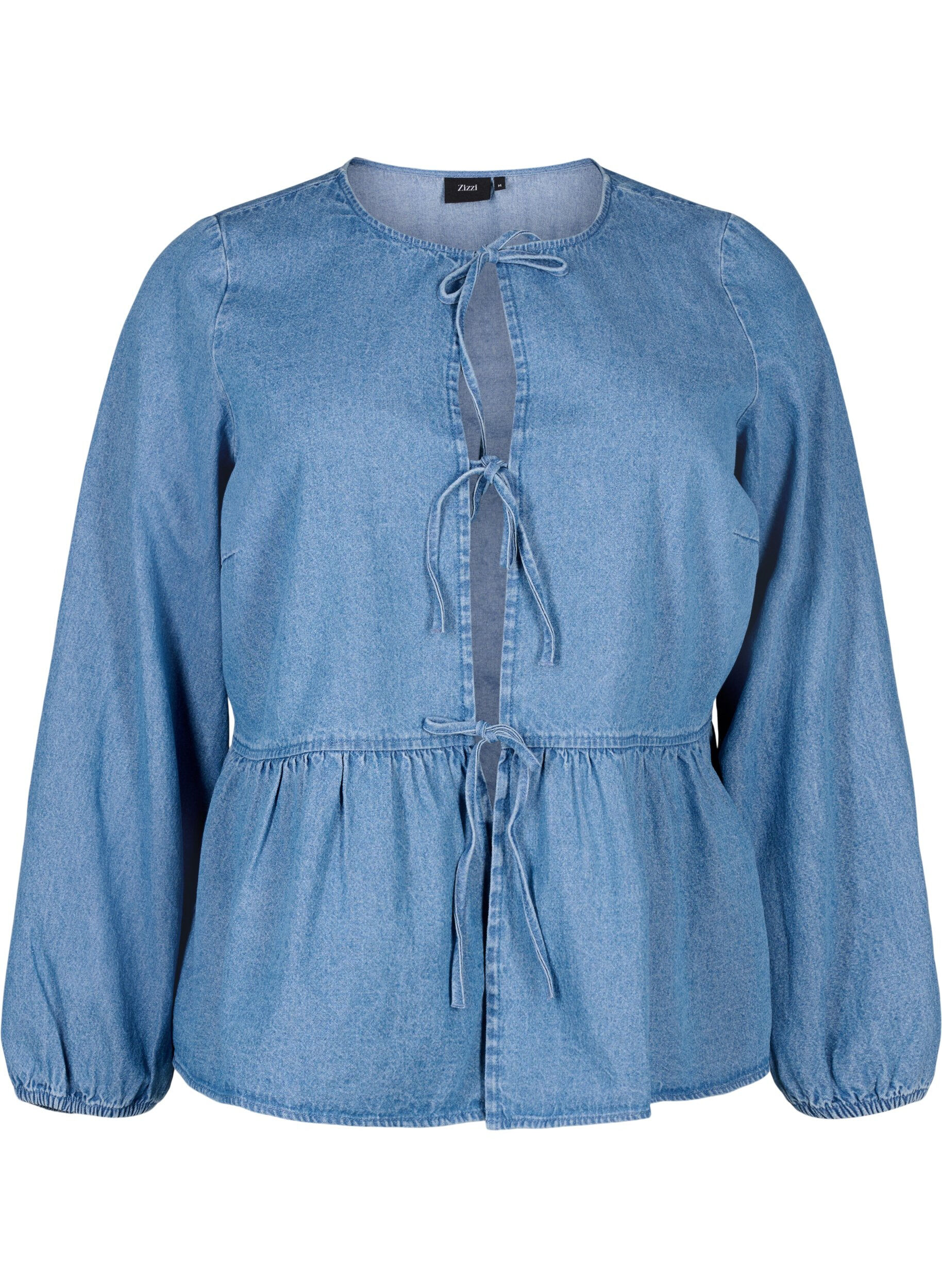 ZizziPeplumbluse i denim med knyting, Light Blue Denim, Packshot image number 0