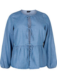 Peplumbluse i denim med knyting, Light Blue Denim