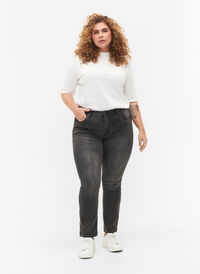 Slim fit Emily jeans med normal høyde i livet, Dark Grey Denim, Model