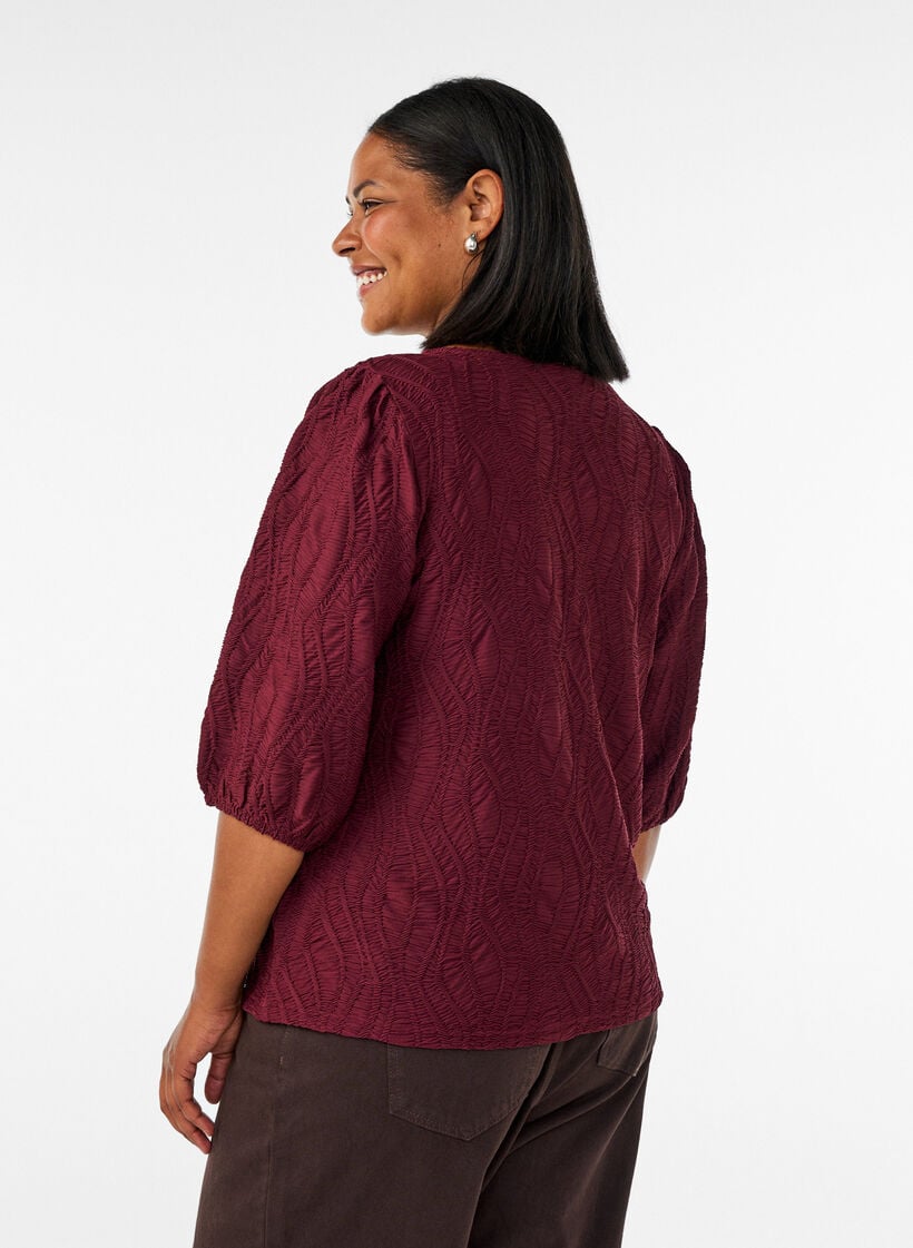 Bluse med tekstur og 3/4 ermer, R&oslash;d, Model image number 2