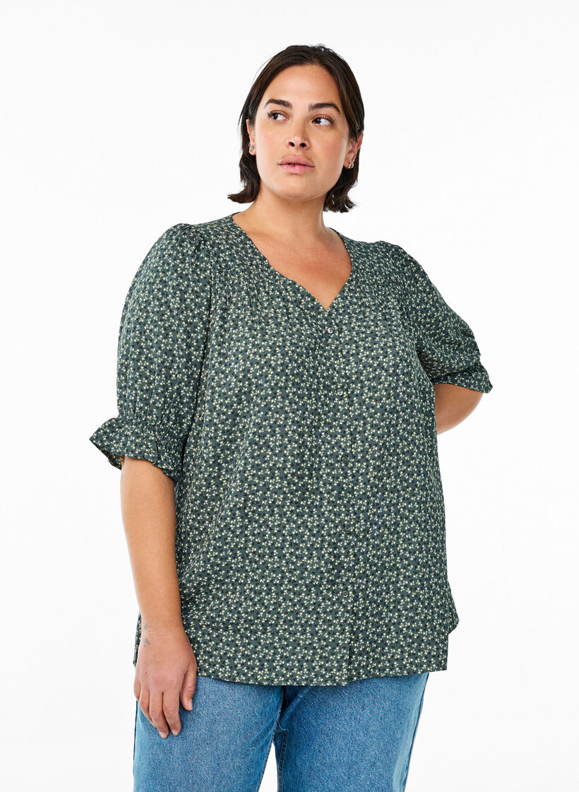 Skjortebluse med 1/2 ermer, Gr&oslash;nn, Model image number 0