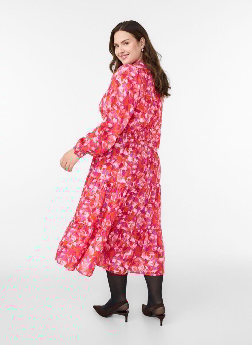 Midikjole med fargerikt bladtrykk, Rosa, Model image number 2