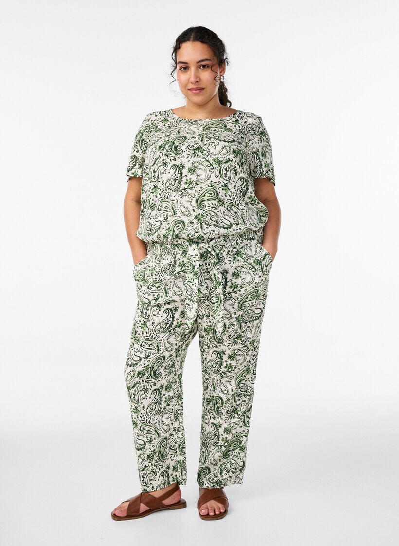 Kortermet bluse i viskose med trykk, Gr&oslash;nn, Model image number 1