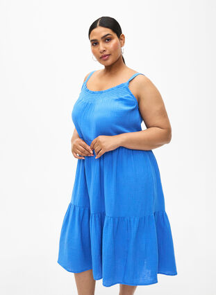 Zizzi Ensfarget kjole i bomull med stropper, Marina, Model image number 0