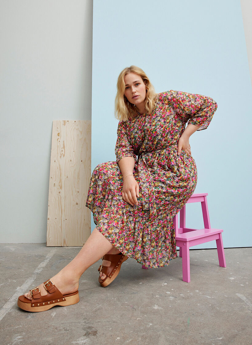 Blomstrete midikjole med knyting i midjen, Pink Flower AOP, Image image number 0