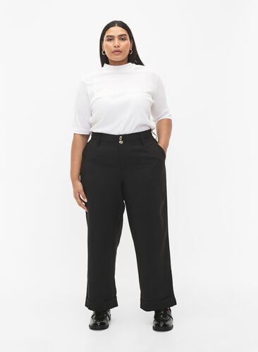 Bukser med høy midje og oppbrett, Black, Model image number 0