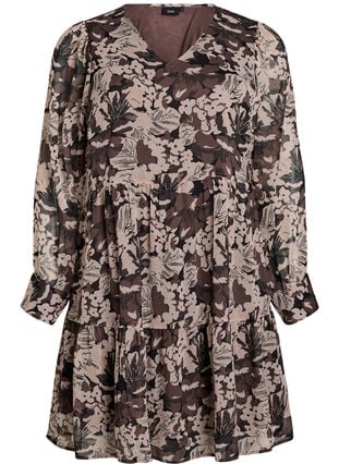 Zizzi Kort A-linjekjole med blomstertrykk, Black Flower AOP, Packshot image number 0