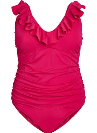 Zizzi Badedrakt med volanger og avtagbar polstring, Rosa, Packshot image number 0