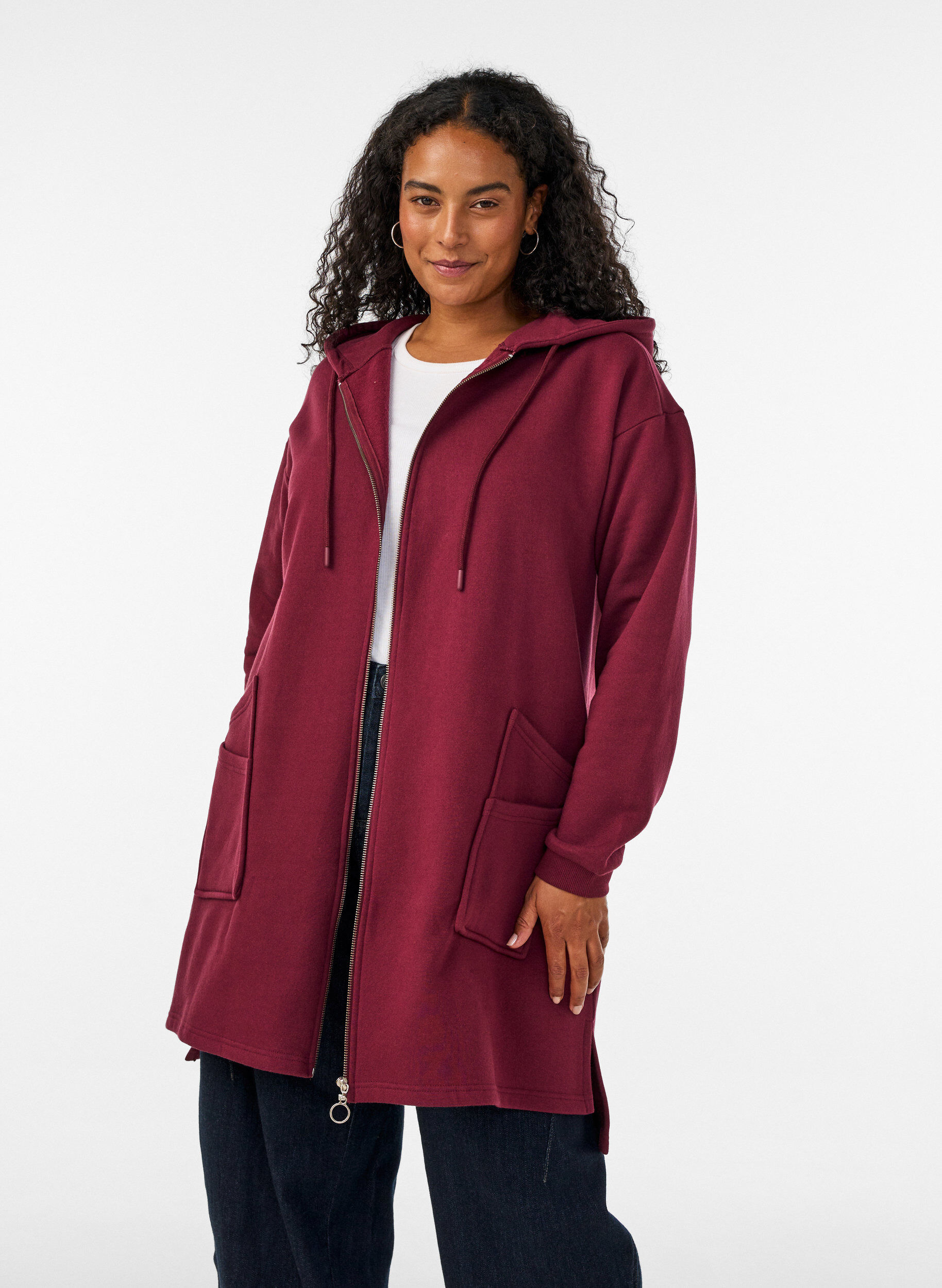 ZizziLang hettegenser-cardigan med glidel&aring;s, R&oslash;d, Model image number 0