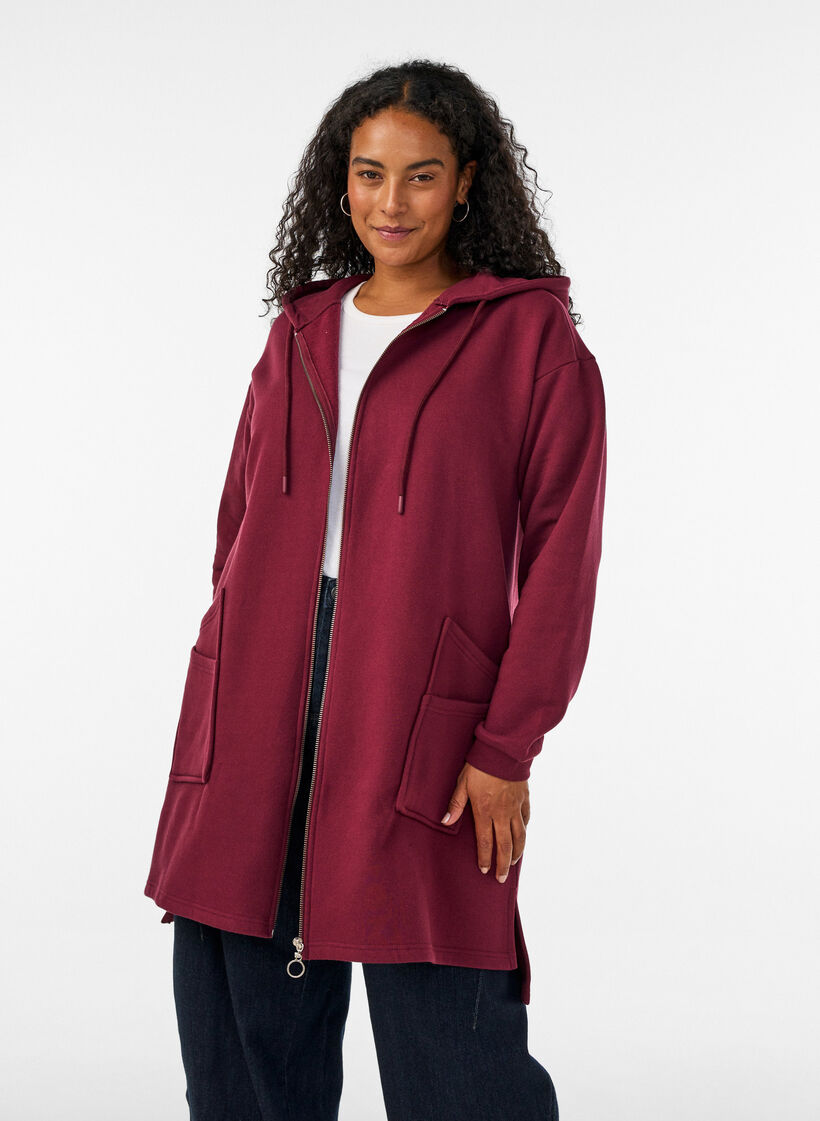 Lang hettegenser-cardigan med glidel&aring;s, R&oslash;d, Model image number 0