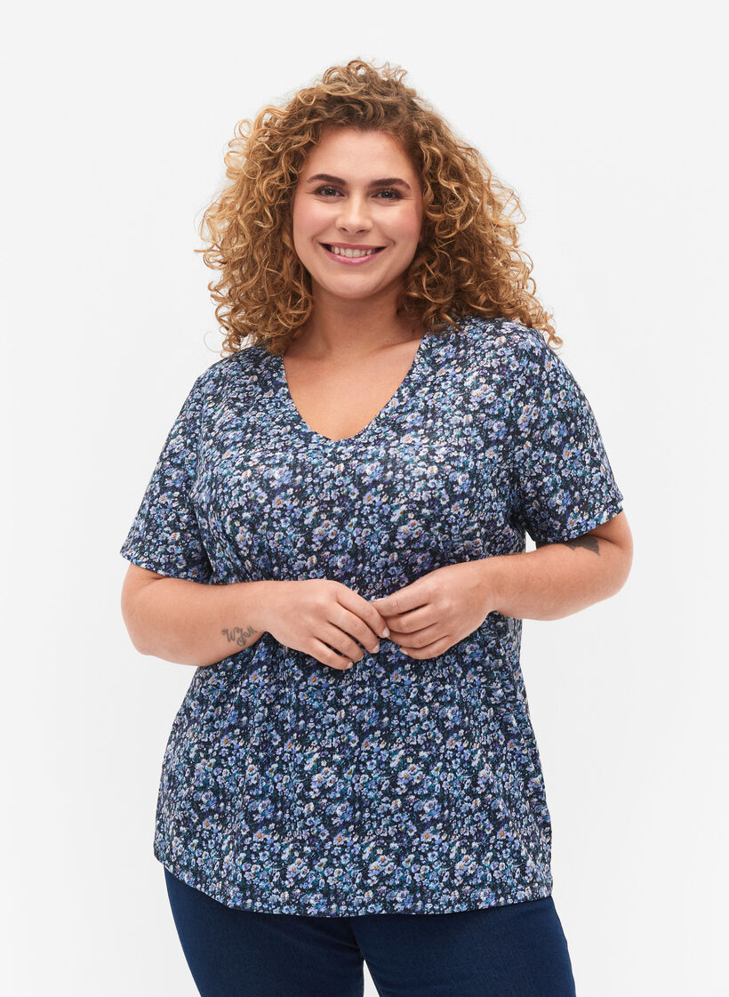 FLASH - Mønstret T-skjorte med V-hals, Blue Green Ditsy, Model image number 0