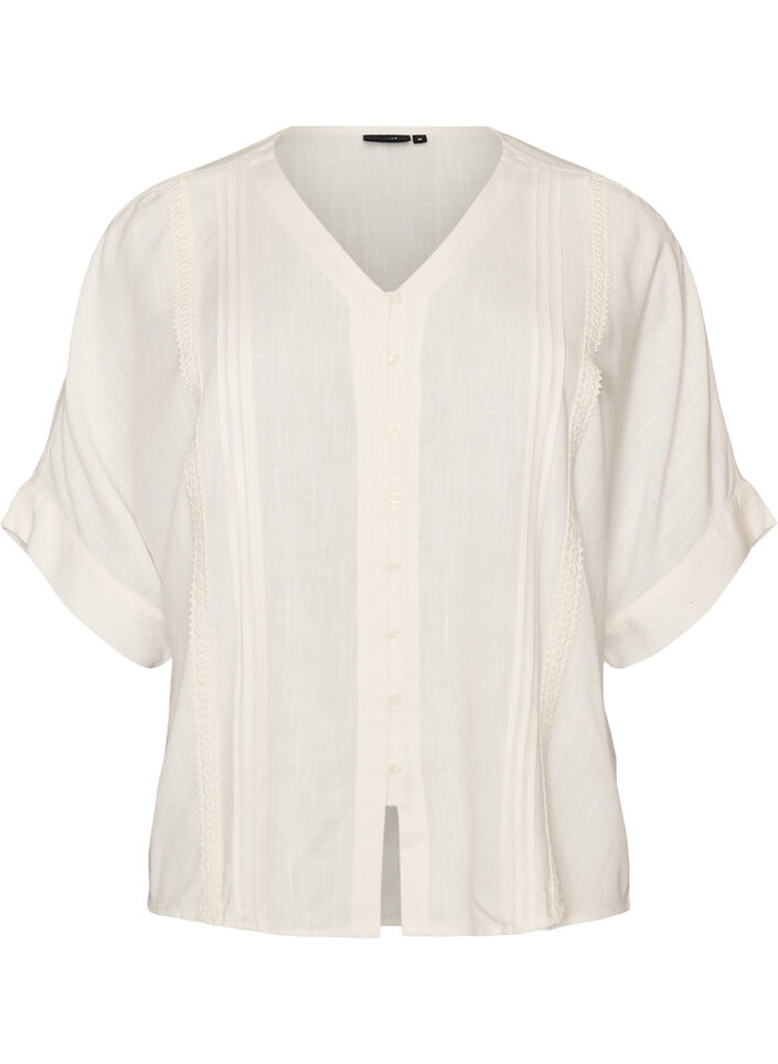 Viskosebluse med heklet kant og knapper, Vanilje, Packshot image number 0