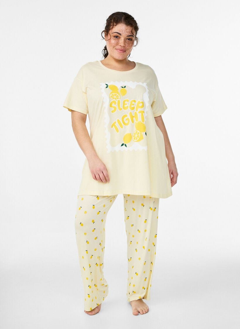 Pyjamasbukse i mykt jerseystoff med h&oslash;y midje og frukttrykk, Gul, Model image number 0