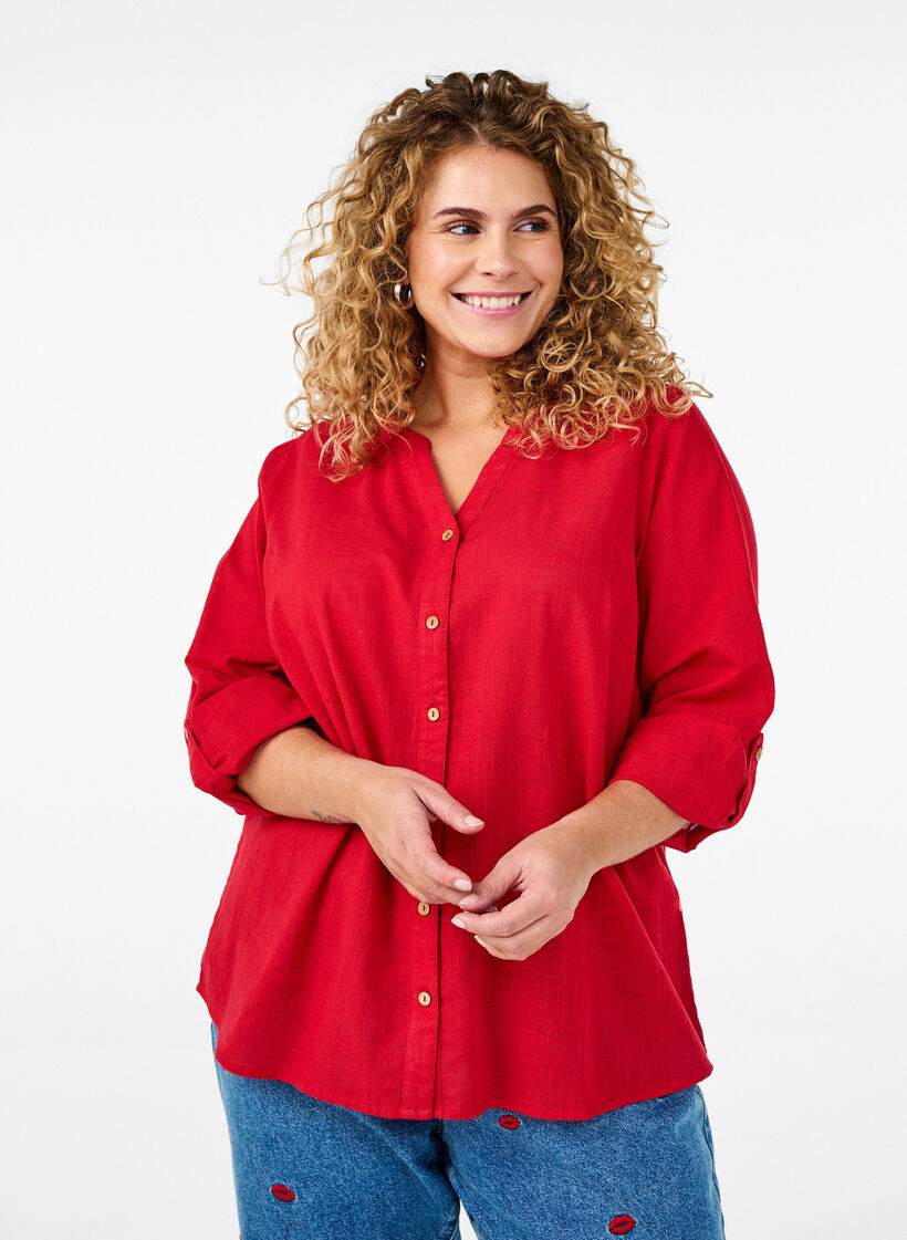 Bomullsbluse med V-hals, R&oslash;d, Model image number 0