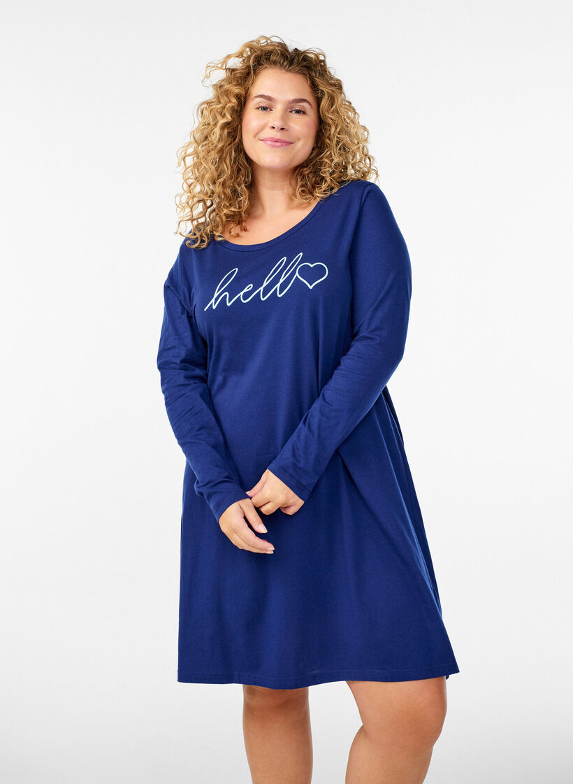 Langermet nattkjole i &oslash;kologisk bomull, Bl&aring;, Model image number 0