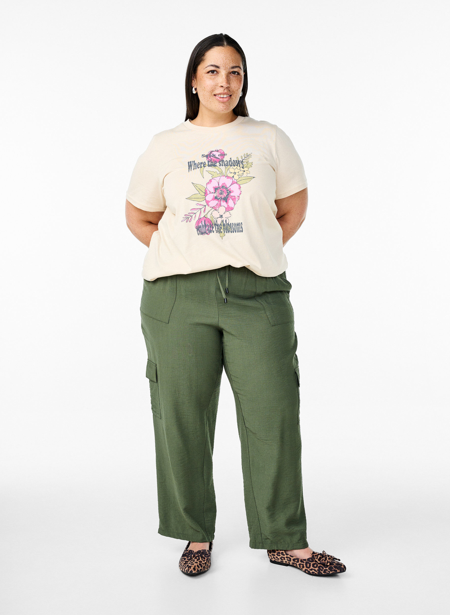 Zizzi Bomulls T-skjorte med trykk, Beige, Model image number 1