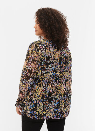 Blomstrete bluse med lange ermer og V-hals, Black/Vibrant Flower, Model image number 1
