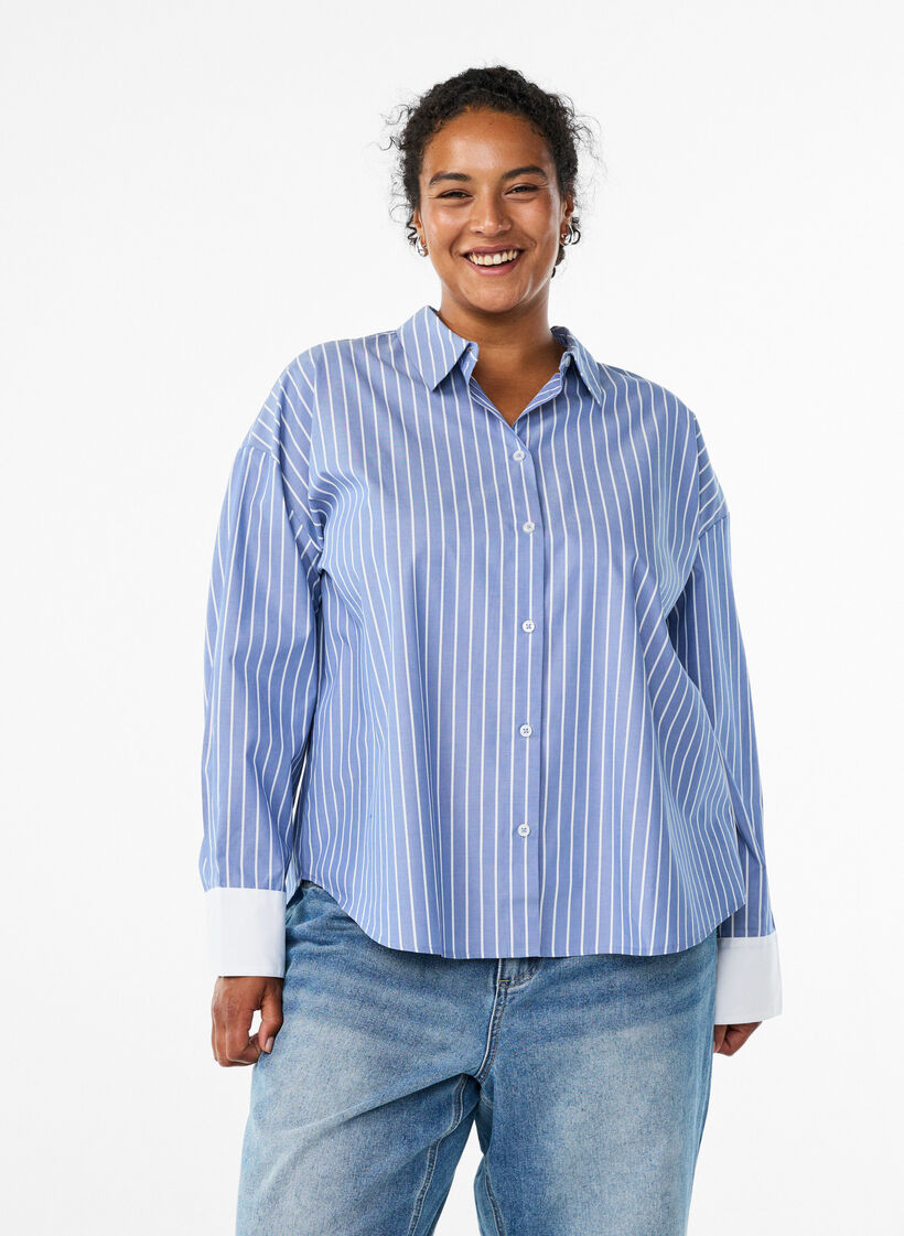 Stripete skjorte med kontrastmansjetter, Blue w. White Stripe, Model